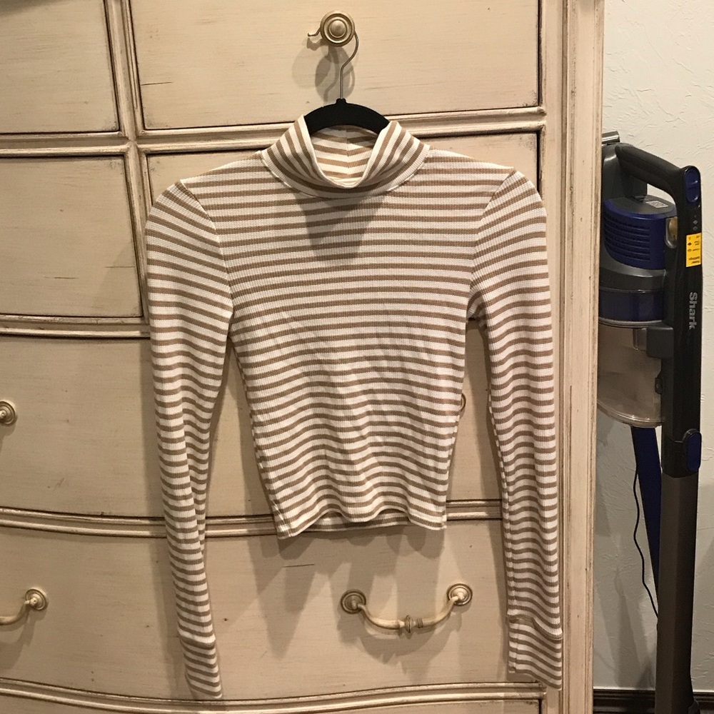 American Eagle Outfitters Striped Tan and White Turtleneck Top